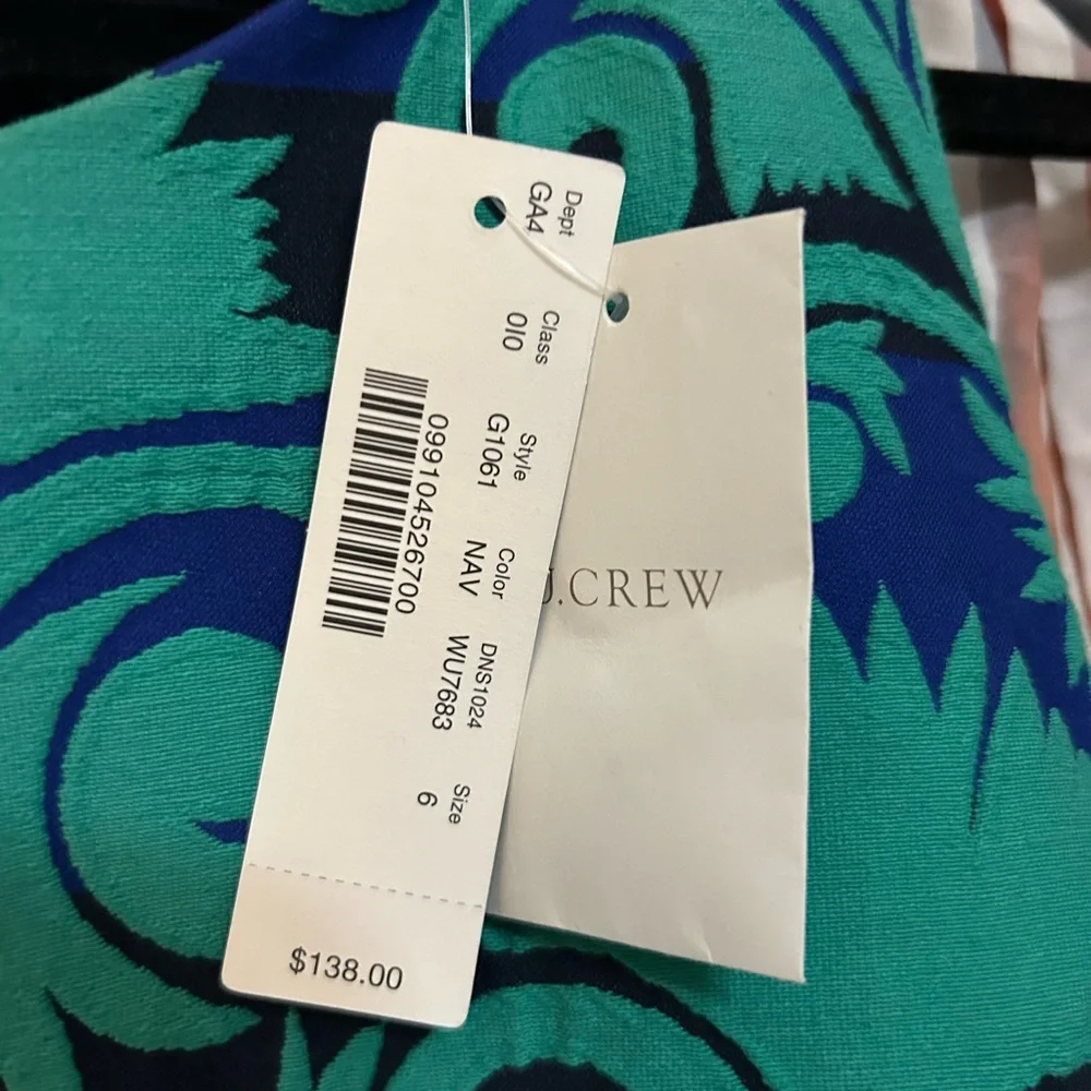 NWT J.Crew Black Label Blue Green Jacquard Sleeveless A Line Dress Size 6